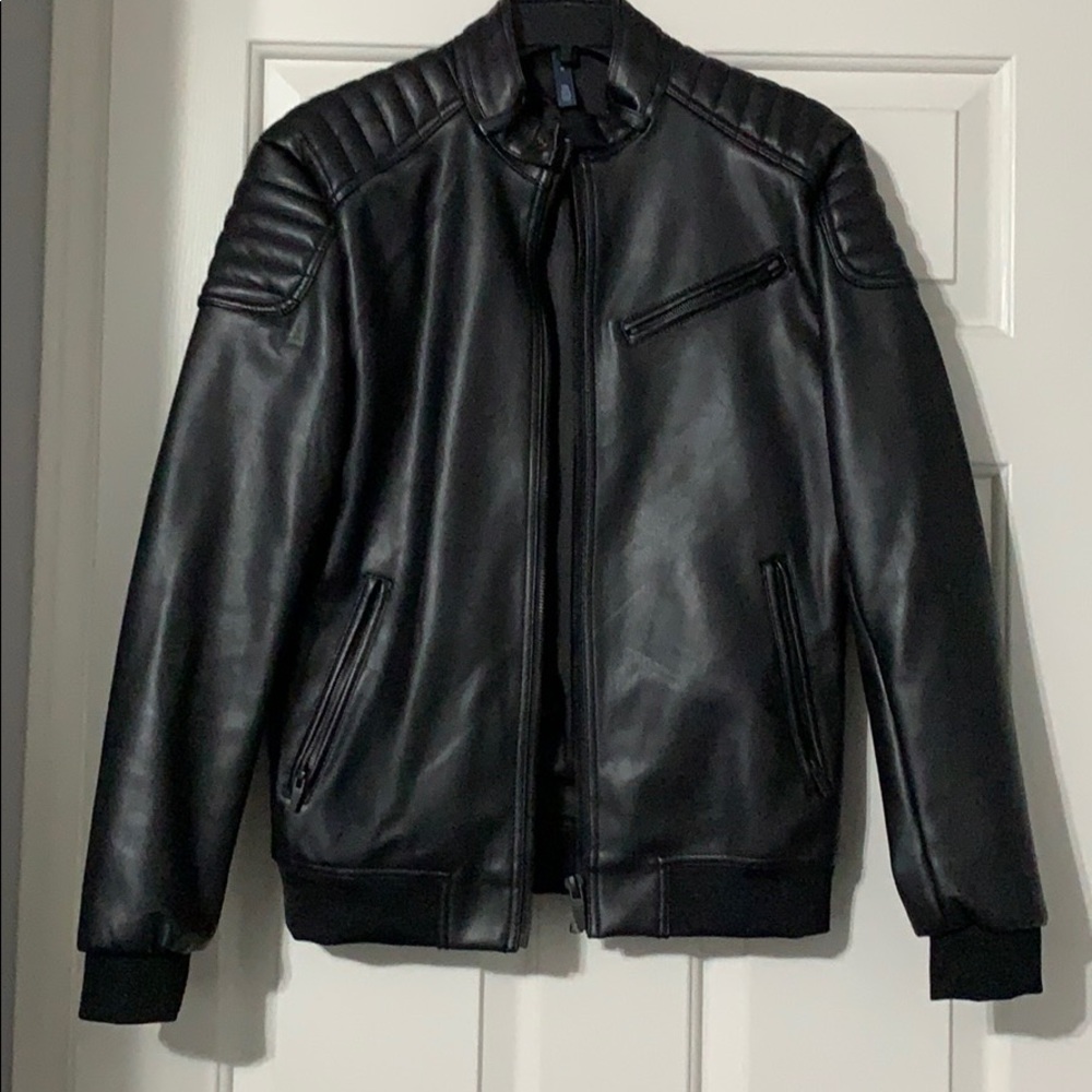 Zara man black leather bomber jacket